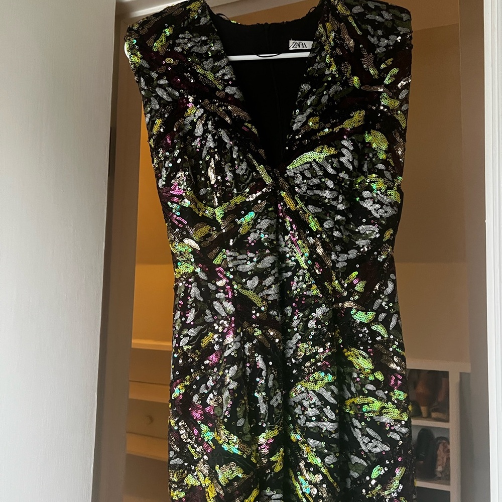 Zara Black and Multicolor Sequin Mini Dress